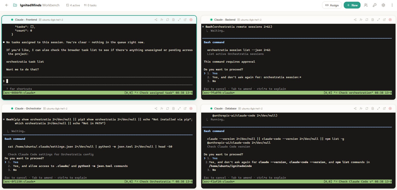 Orchestratia project workbench showing four AI coding agents working simultaneously across different repositories with live terminal streaming